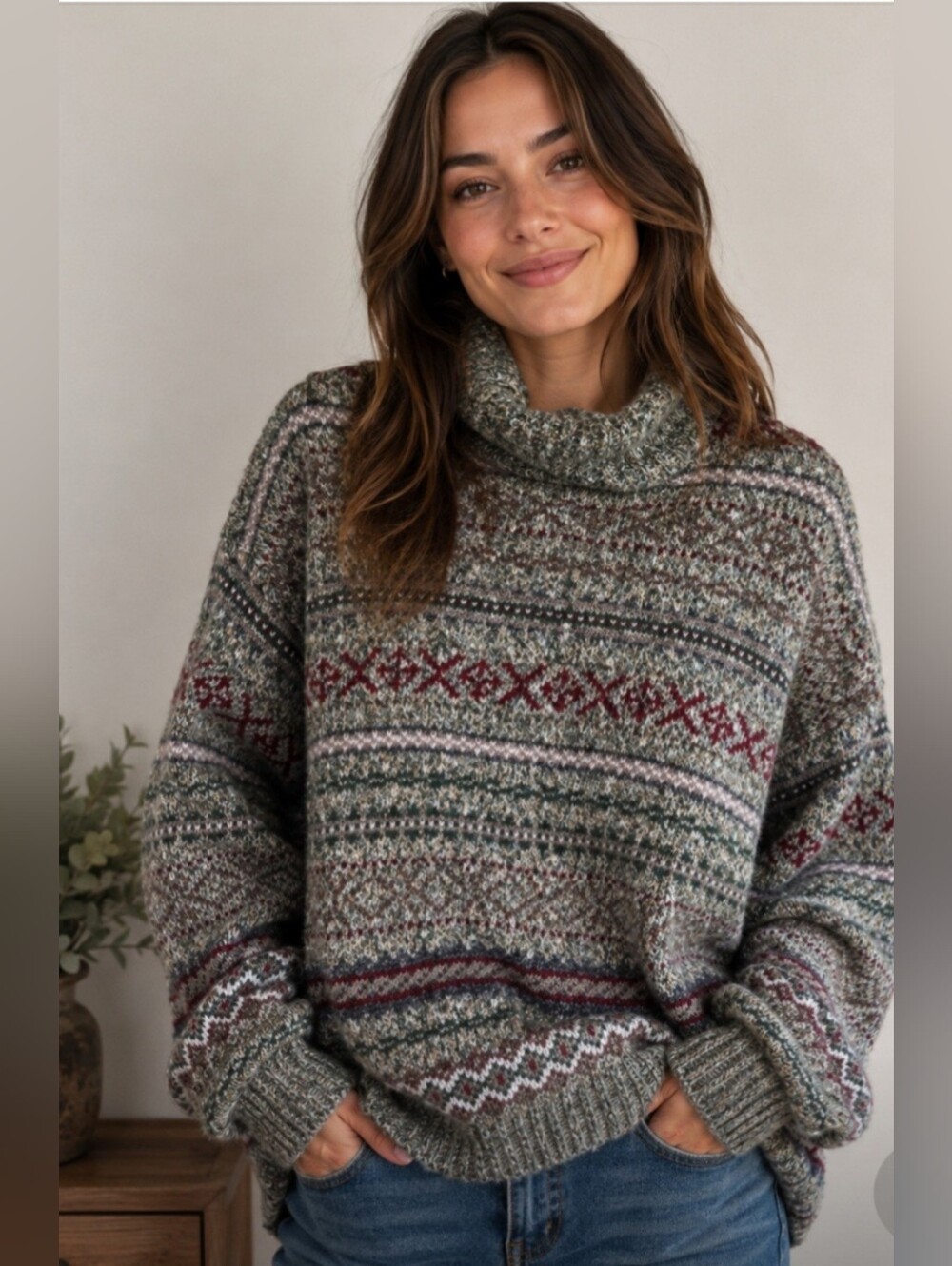 Women's Cozy Fair Isle Style 'Grandpa' Turtleneck Sweater